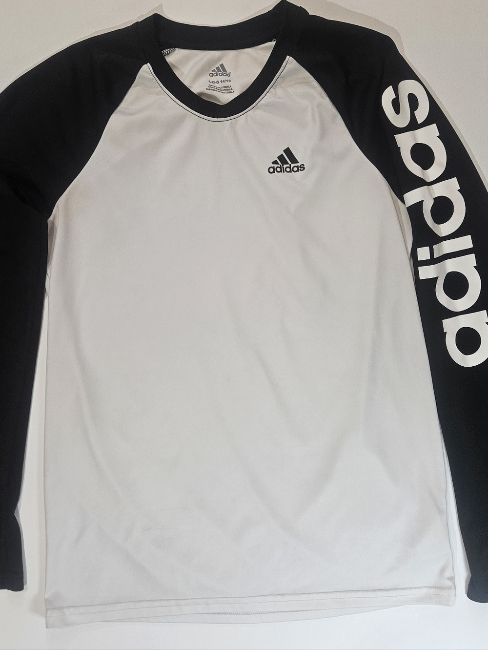 Adidas Raglan Tee‎ Boys Size Large White Black Logo Casual Athleisure Streetwear